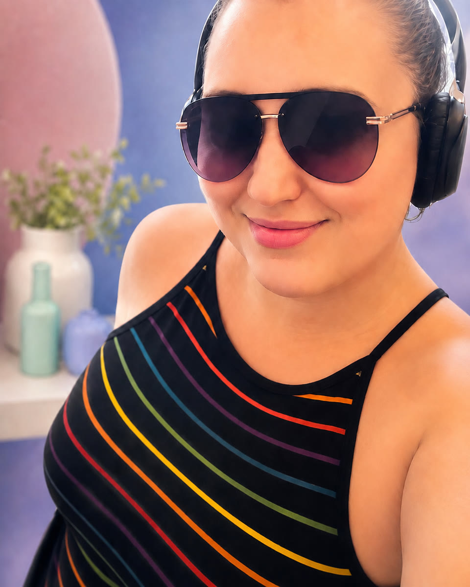 June James wearing dark sunglasses and headphones against a soft blue-and-pink background.